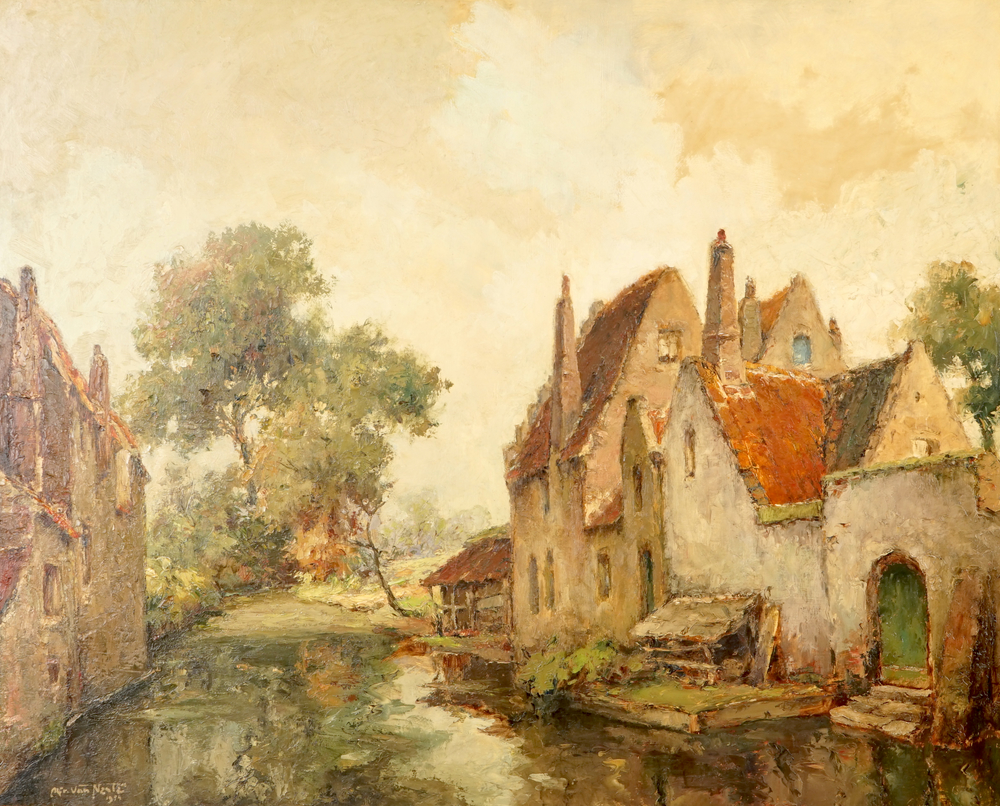 Alfred Van Neste (1874-1969), Een zicht op de Brugse reien, gedat. 1894, olie op doek