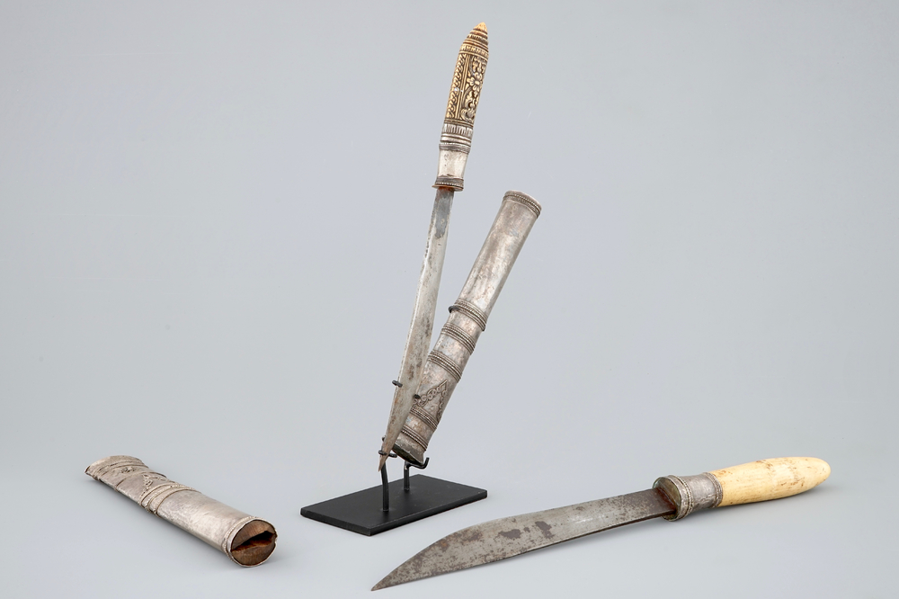 Two Burmese ivory and silver Dha knives, 19/20th C.