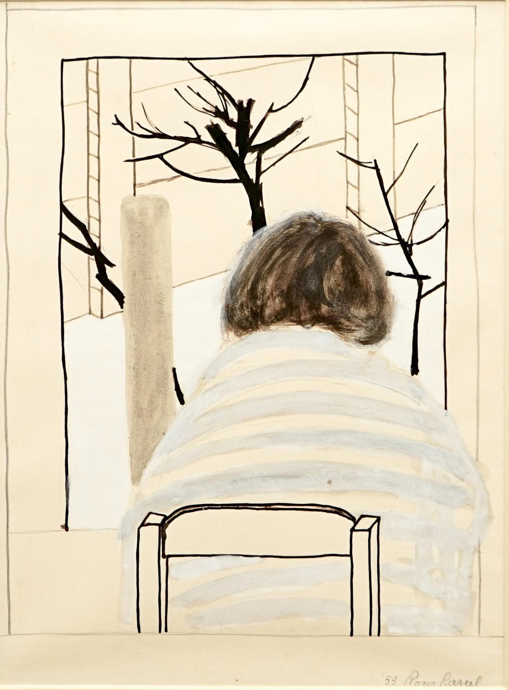 Roger Raveel (1921-2013), Zulma dans un paysage d'hiver, dat&eacute; 1953, technique mixte sur papier