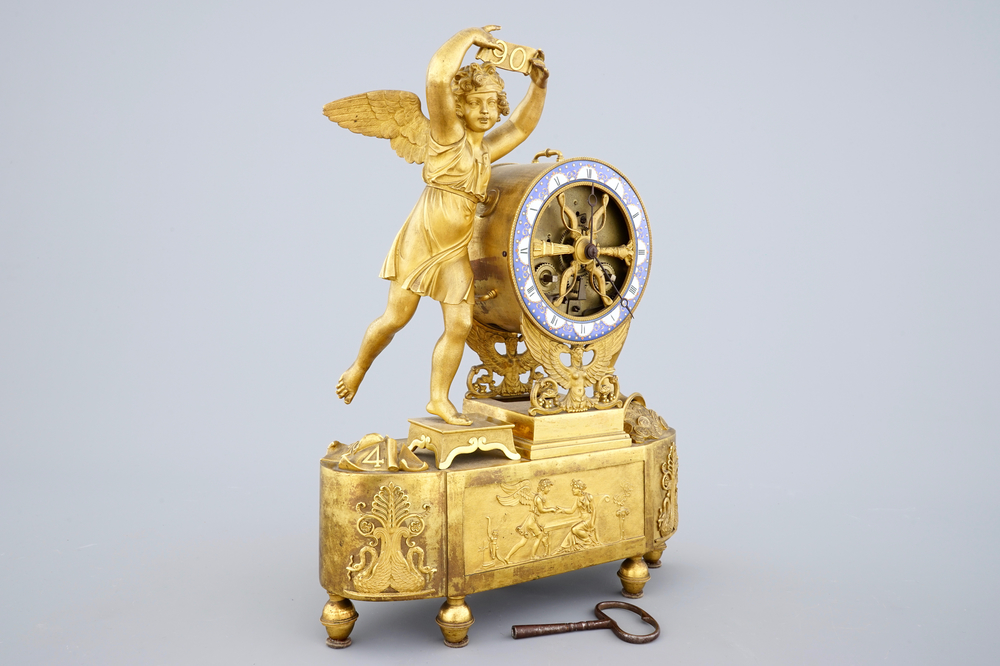 An Empire ormolu and enamel striking clock with Amor, France, early 19th C.