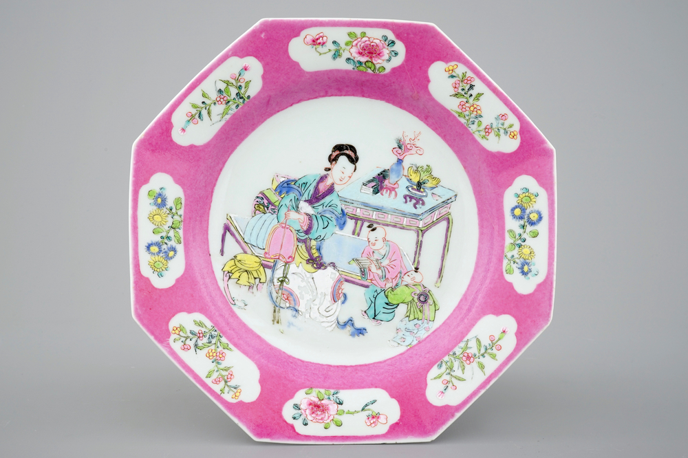 A Chinese octagonal famille rose dish with pink border, Yongzheng, 1723-1735