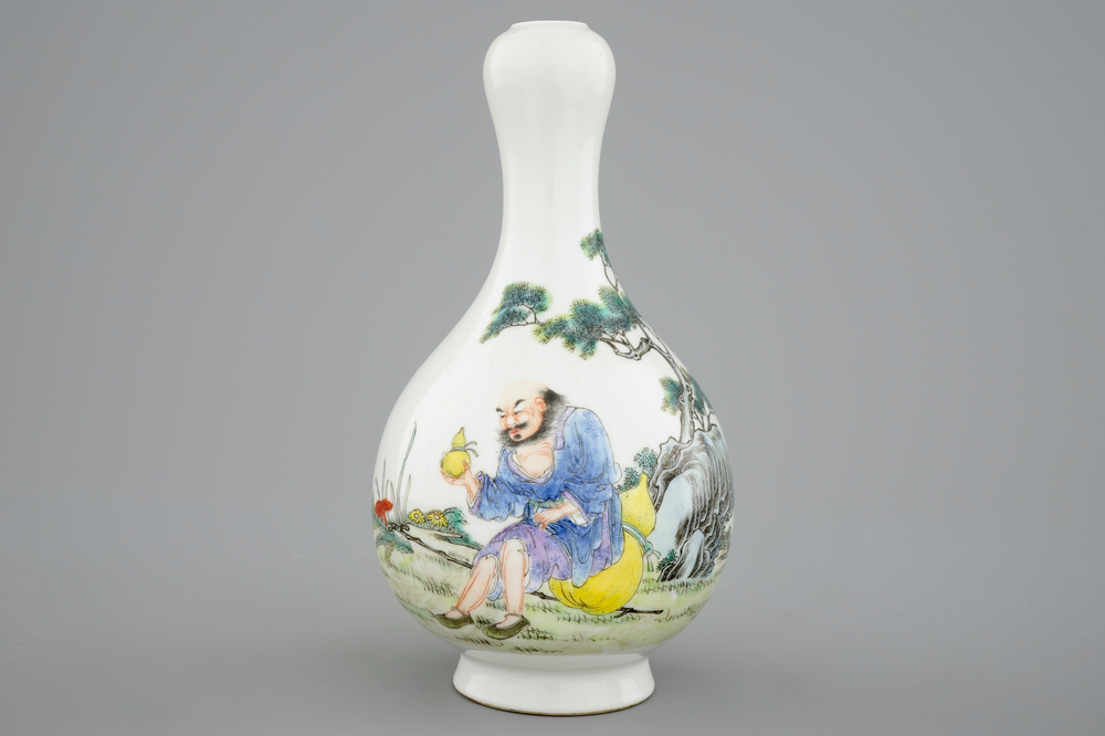 A Chinese fencai vase with an immortal in a garden, 20th C.