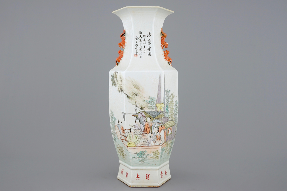 A Chinese hexagonal qianjiang cai vase, 19/20th C.