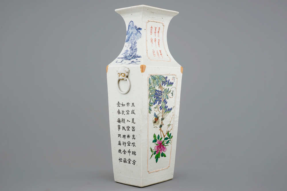 Een rechthoekige Chinese vaas met qianjiang cai decor, 19/20e eeuw