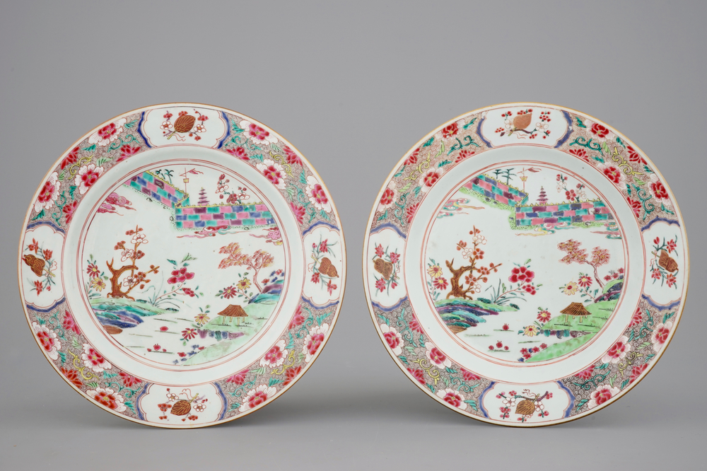 A pair of Chinese famille rose landscape dishes, 18th C.