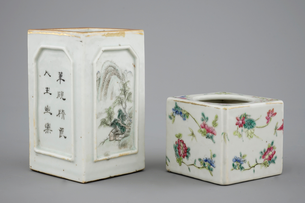 Un pot &agrave; pinceaux qianjiang cai et un lave pinceaux famille rose, porcelaine de Chine, 19/20&egrave;me