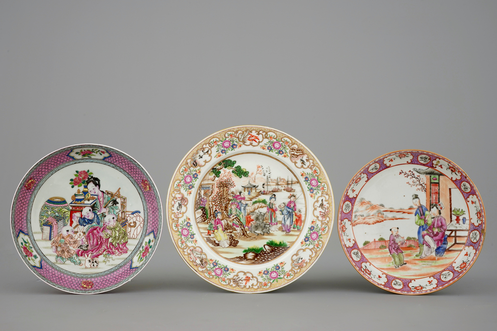 Drie famille rose borden, China en Samson, 18/19e eeuw