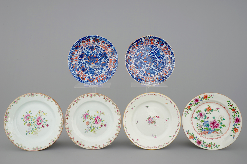 Six Chinese famille rose and clobbered blue &amp; white plates, Kangxi/Qianlong
