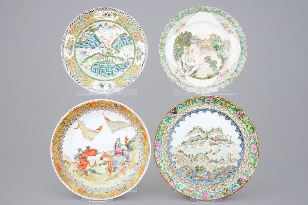 A set of 4 unusual Chinese famille rose plates, 19th C.
