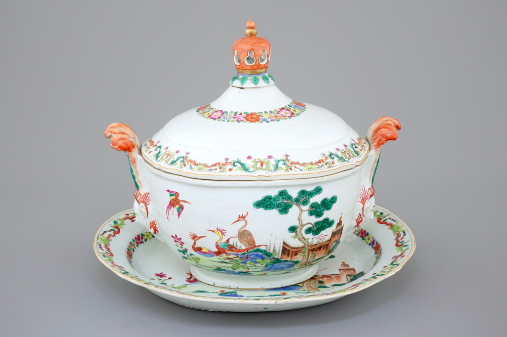 A Chinese famille rose export tureen and cover on stand, Qianlong, 18th C.