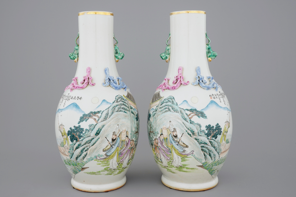 An unusual pair of Chinese famille rose landscape vases, early 20th C.