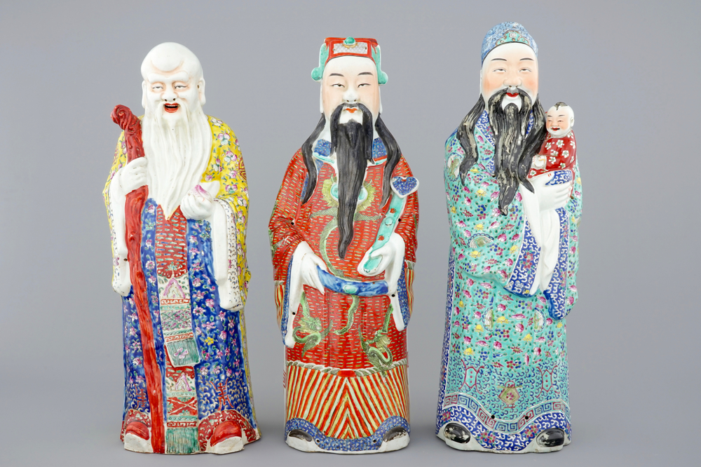 A set of 3 Chinese famille rose figures of immortals, 19th C.