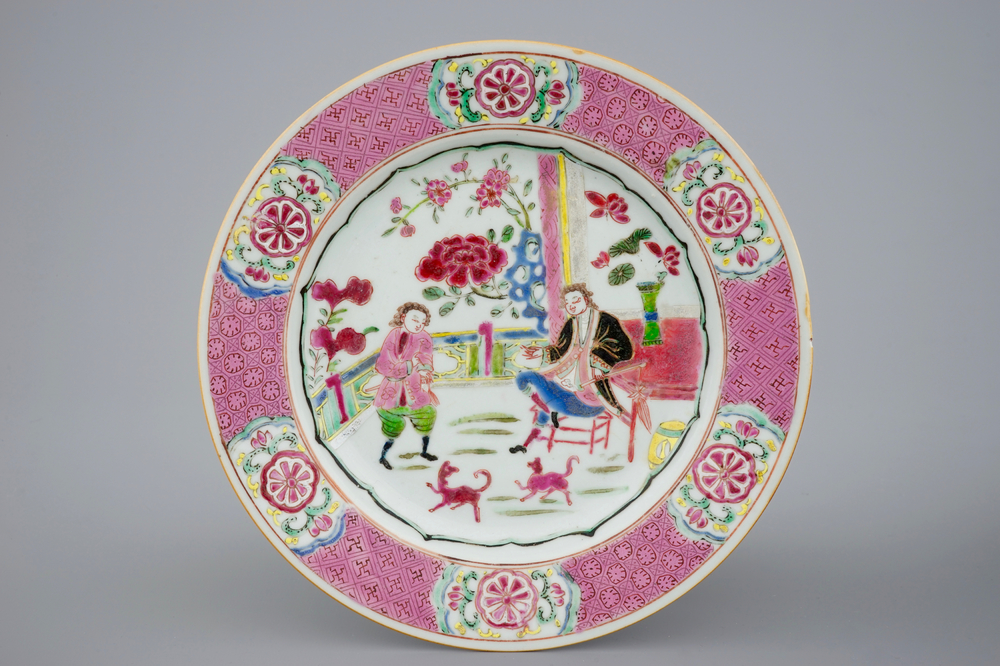 A Chinese famille rose plate with Europeans, Yongzheng (1723-1735)