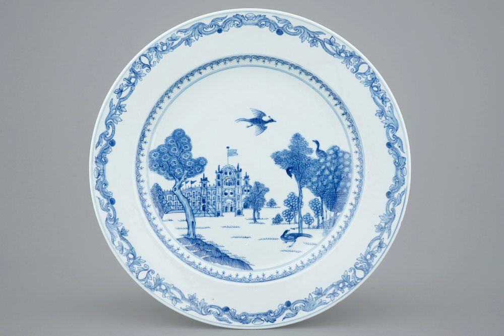 A blue and white Chinese export porcelain &quot;Burghley House&quot; dish, ca. 1745