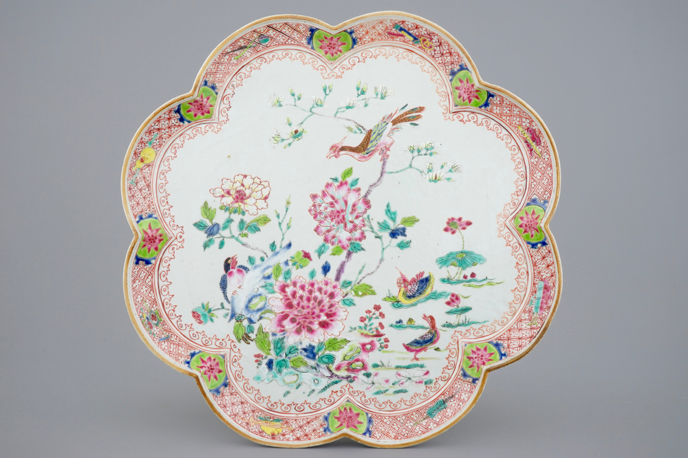 A large Chinese famille rose flower-shaped dish with mandarin ducks, Yongzheng/Qianlong