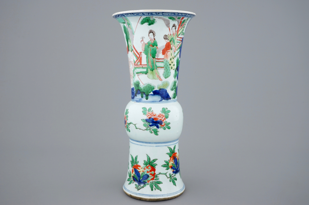 A Chinese wucai gu beaker vase, Shunzhi, ca. 1660