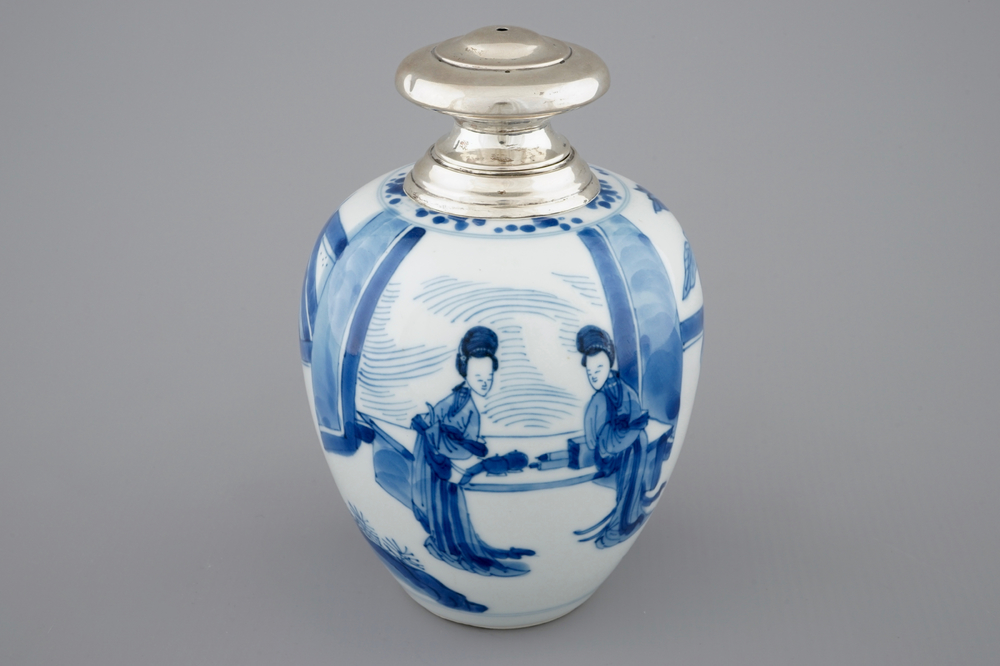 A Chinese silver-mounted blue and white tea caddy, Kangxi