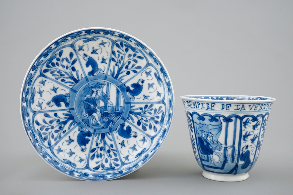 A rare Chinese blue and white Kangxi cup and saucer with French text, Kangxi