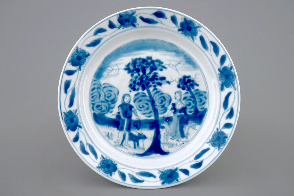 A Chinese blue and white &quot;Adam and Eve&quot; saucer dish, Kangxi