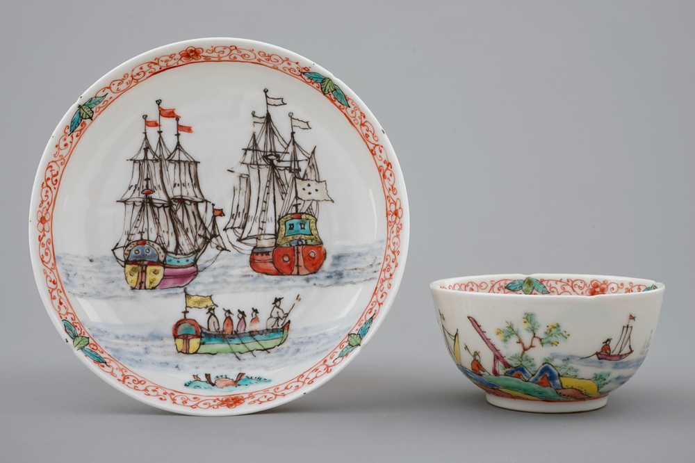 A Dutch-decorated Chinese cup and saucer with a scene of ships at sea, 18th C.