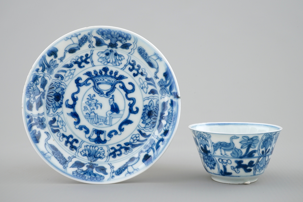 A Chinese blue and white cup and saucer, Kangxi