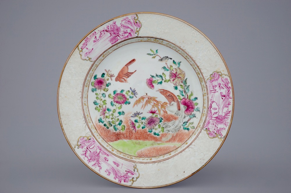 A fine Chinese famille rose bianco sopra bianco plate, Qianlong, 18th C.