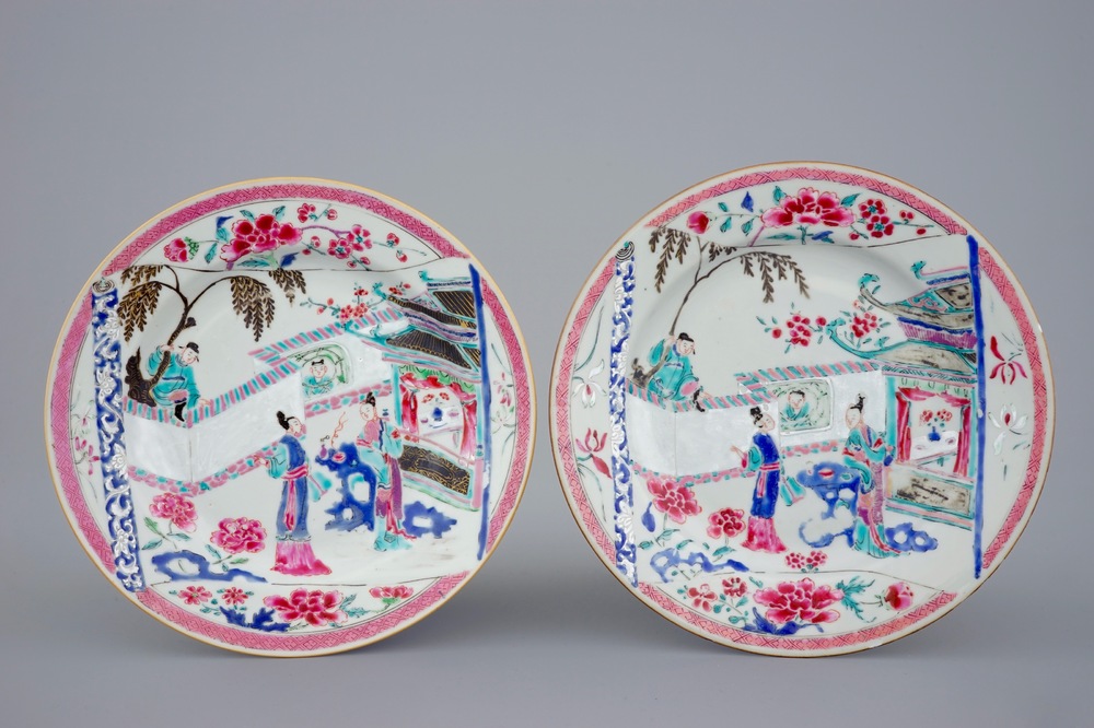 A pair of Chinese famille rose &quot;Romance of the Western Chamber&quot; plates, Yongzheng