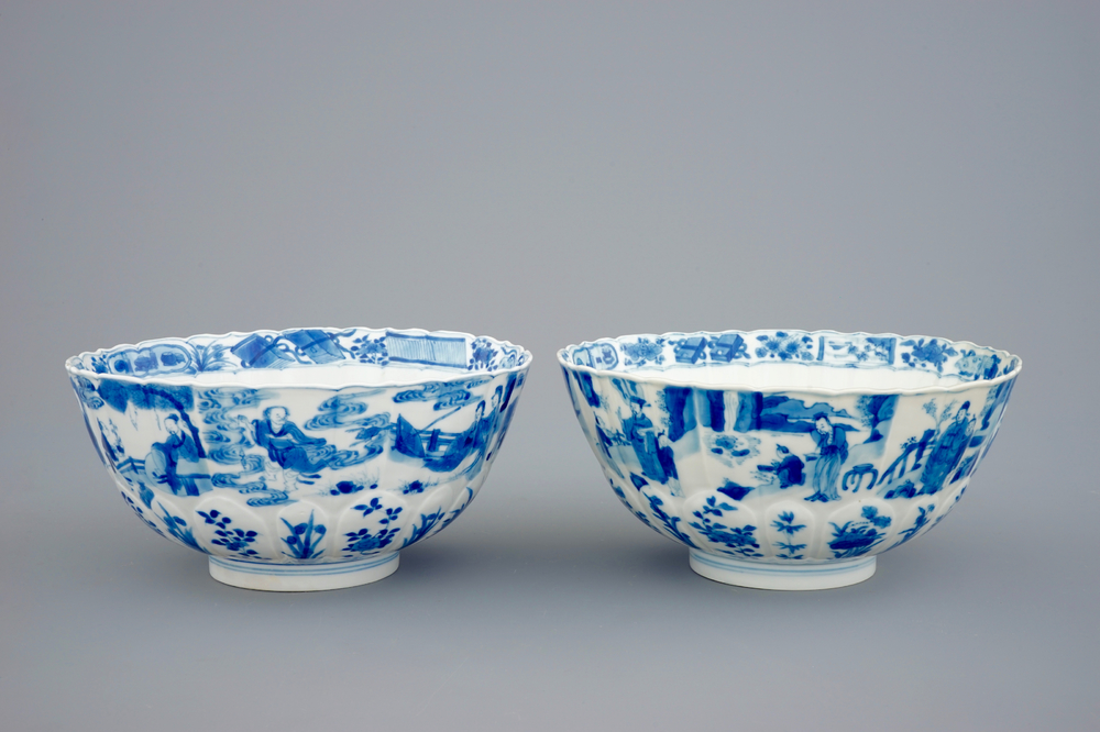 A pair of fine Chinese blue and white lotus-shape moulded bowls, Kangxi
