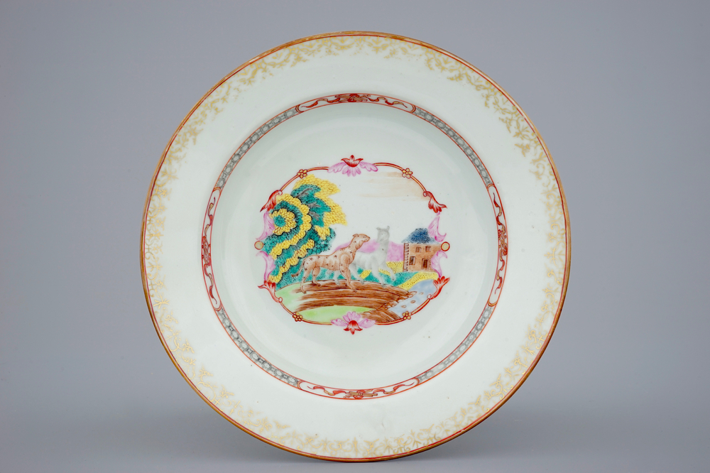 A Chinese export porcelain Meissen style plate with dogs in a field, 18th C.