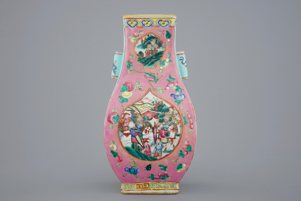 A Chinese famille rose fang hu vase, 19th C.