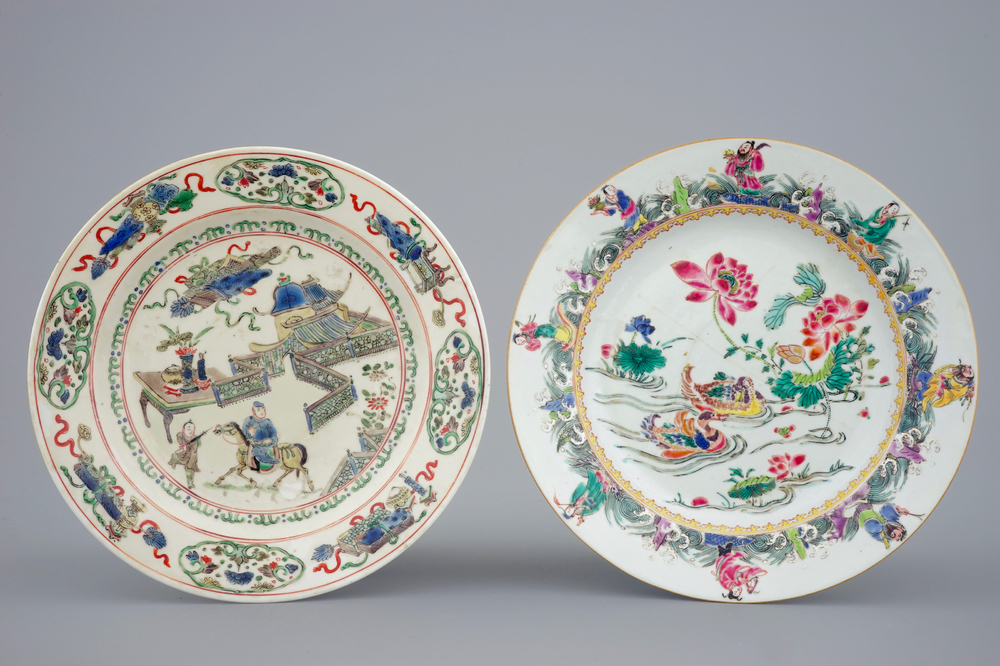A Chinese famille verte plate and a famille rose plate, Kangxi/Yongzheng
