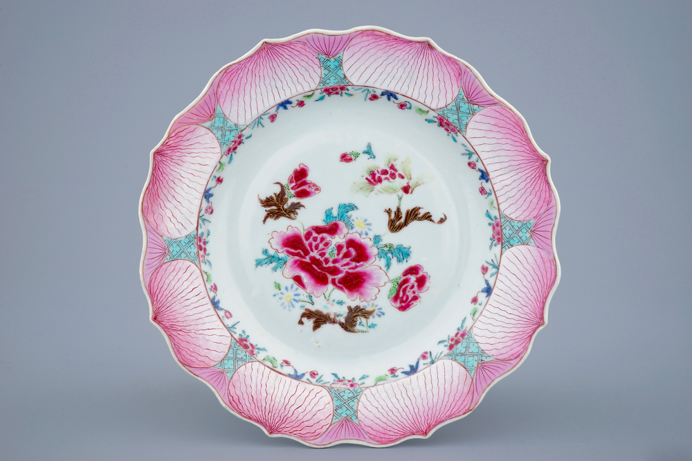 A fine Chinese famille rose lotus design plate, Yongzheng/Qianlong