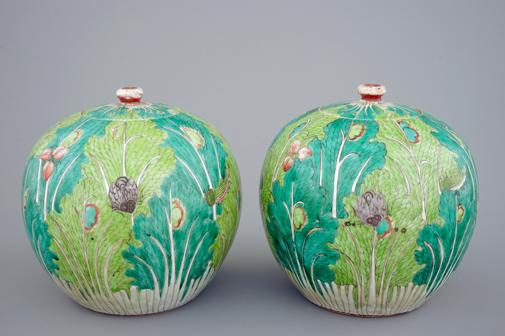 A pair of Chinese &quot;cabbage and insects&quot; ginger jars and covers, 19th C.