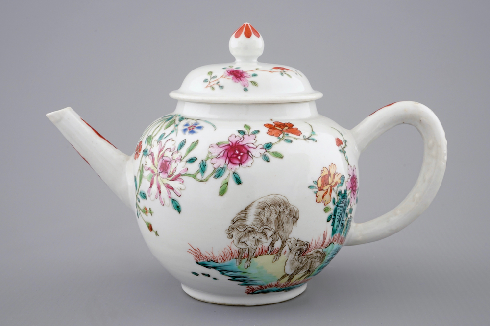 A fine Chinese famille rose teapot with a pair of goats, Qianlong