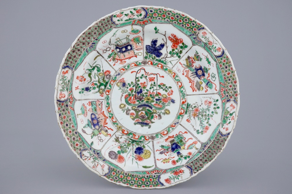 A large Chinese famille verte dish with a central flower basket, Kangxi