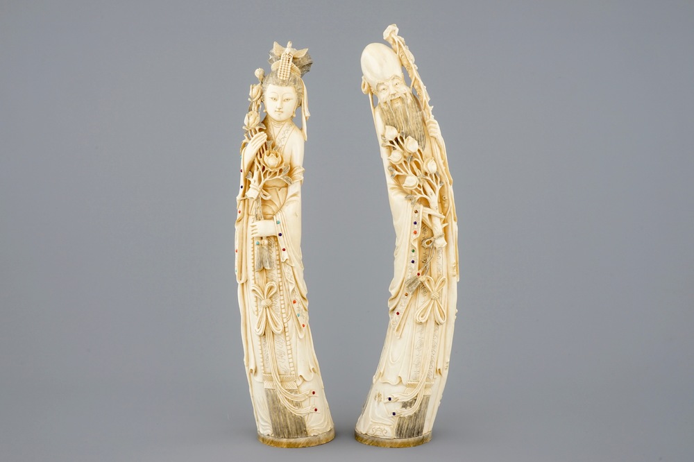 A large pair of Chinese inlaid ivory figures, 19th C.