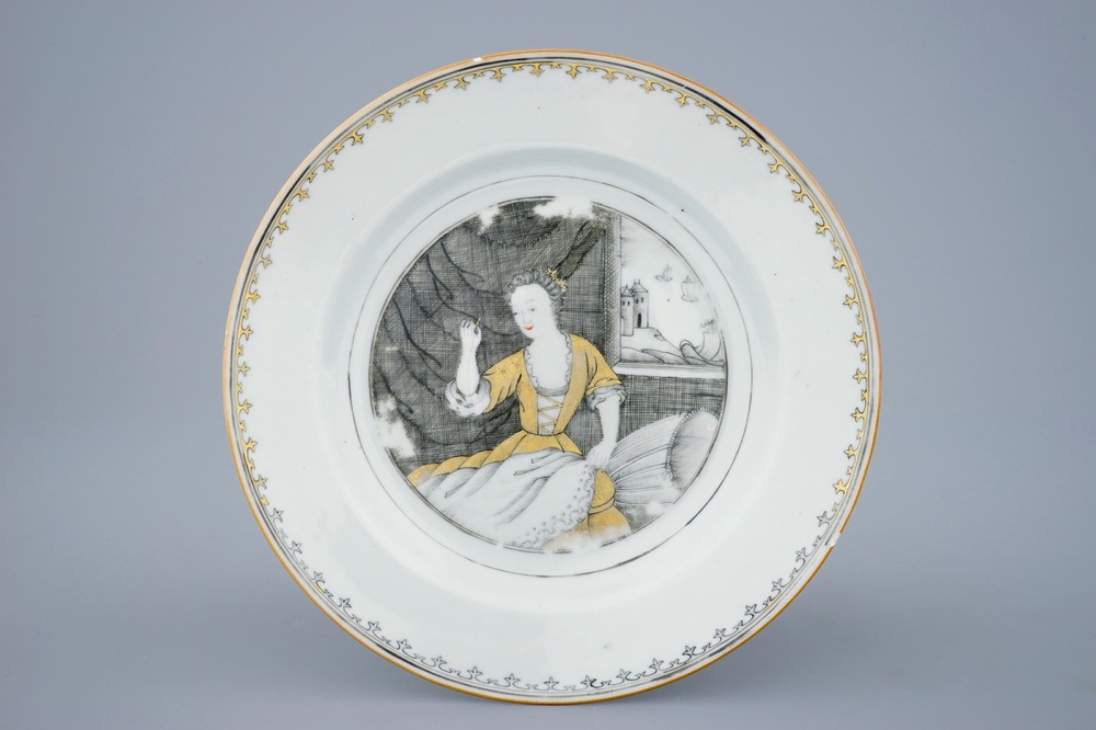 A Chinese grisaille export &quot;Seamstress&quot; pattern plate, 18th C.