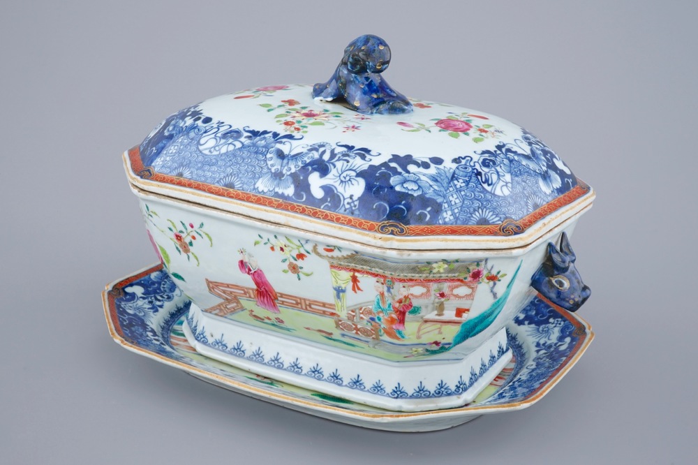 A Chinese octagonal famille rose tureen on stand, Qianlong, 1st half 18th C.