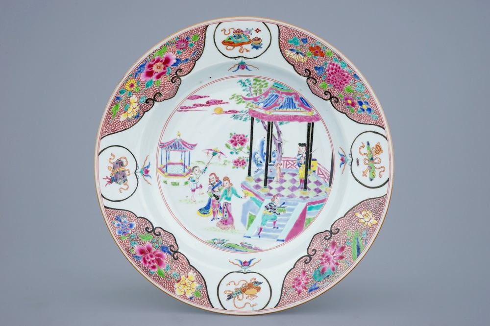 A Chinese famille rose dish with an unusual design of Europeans, Qianlong, 18th C.