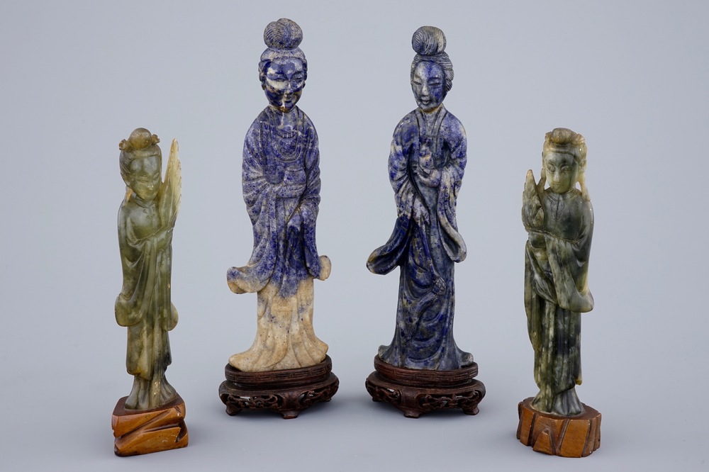 4 Chinese Guanyin figures in lapis lazuli and nephrite jade, 19/20th C.