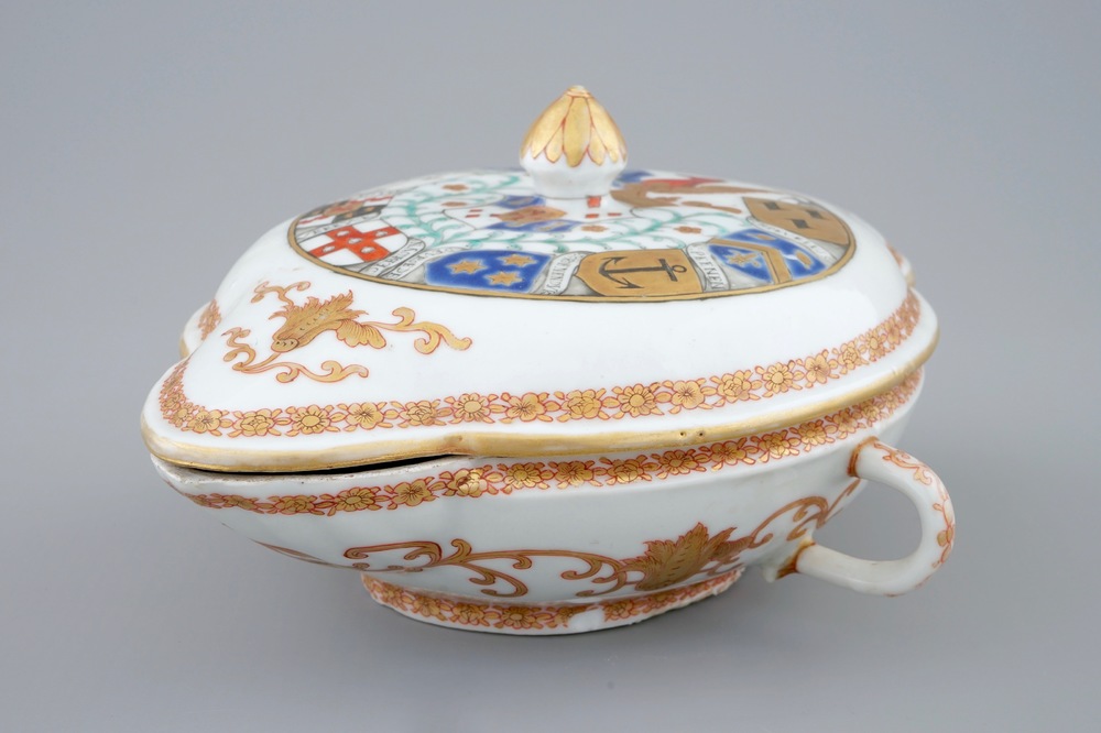 A Chinese armorial sauce boat and cover with Van Reverhorst coat of arms, Qianlong, ca. 1745