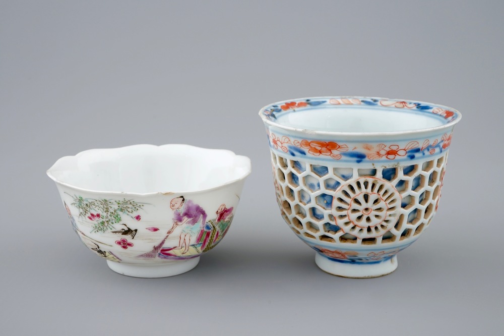 A Chinese famille rose cup, Yongzheng and an Imari-style double walled cup, Kangxi