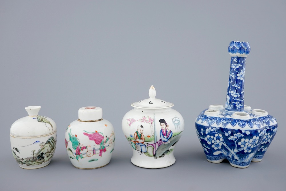 A Chinese blue and white tulip vase and 3 small famille rose covered jars, 19th C.