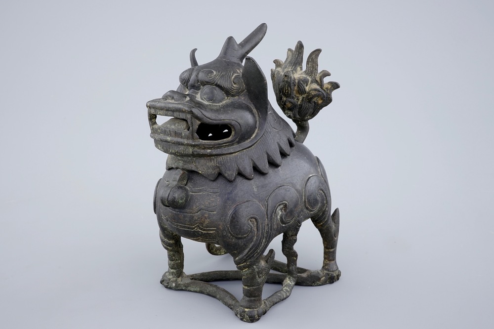 A Chinese bronze incense burner in the shape of a Qilin, late Ming Dynasty