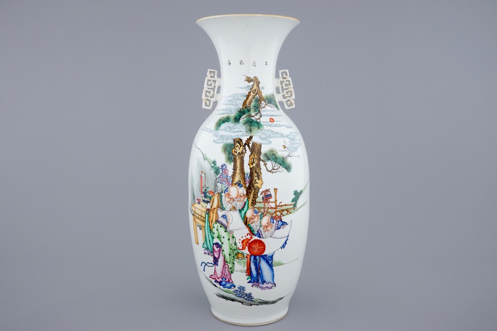 A Chinese famille rose vase with sages in a garden, 19/20th C.
