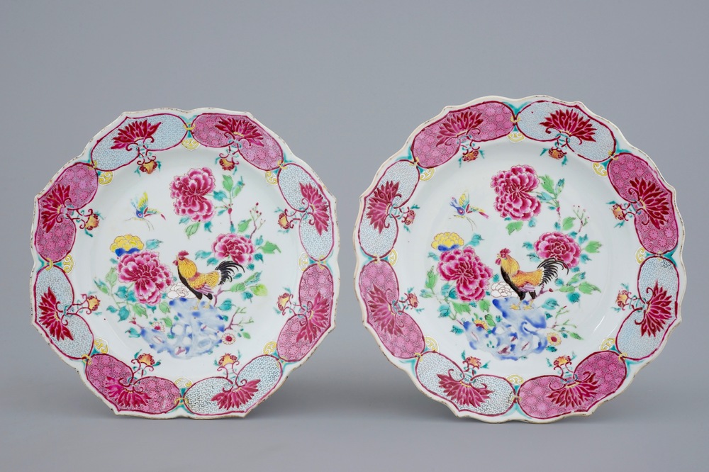 A pair of Chinese famille rose flower-shaped large plates with roosters, Yongzheng, 1723-1735