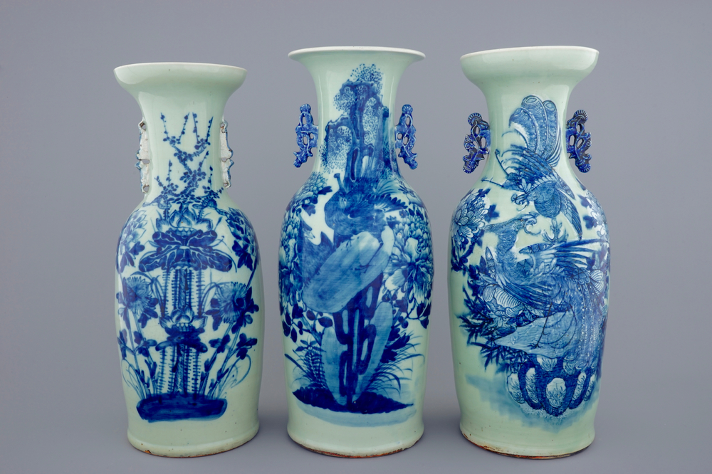 A set of 3 Chinese blue and white on celadon ground vases, 19th C.