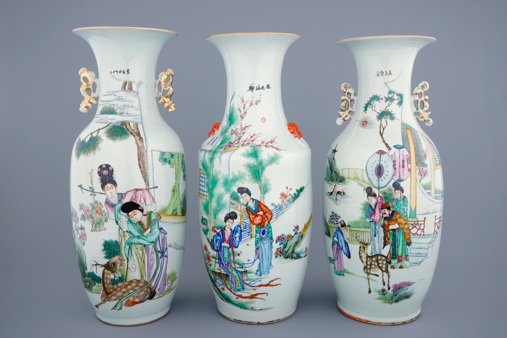 Un lot de 3 grands vases en porcelaine de Chine famille rose, 19/20&egrave;me