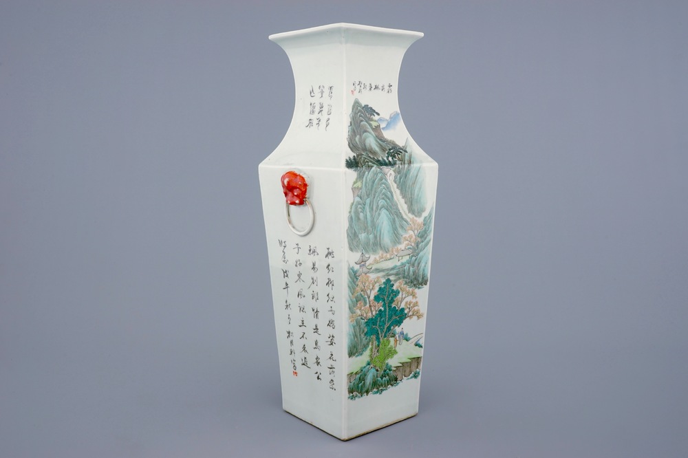 A Chinese famille rose and cianjiang cai square vase with birds among flowers and a landscape, 19/20th C.