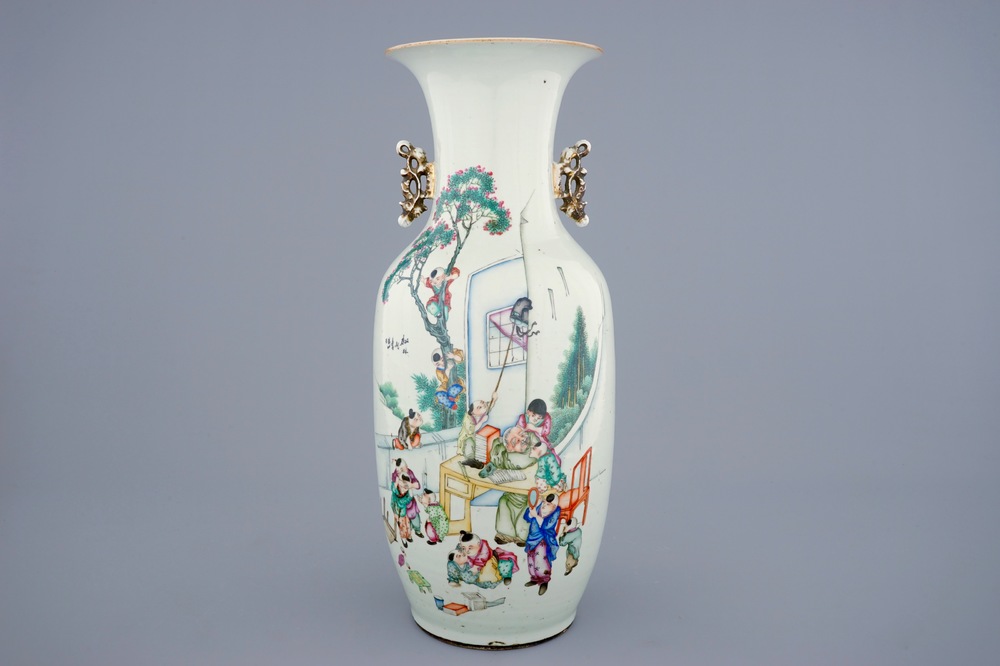 A Chinese famille rose vase with playing boys and a sleeping teacher, 19/20th C.